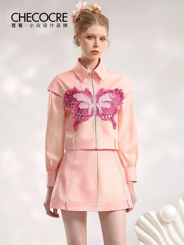 탑 & 미니 스커트 데님 캐주얼 나비 귀여운 셋업