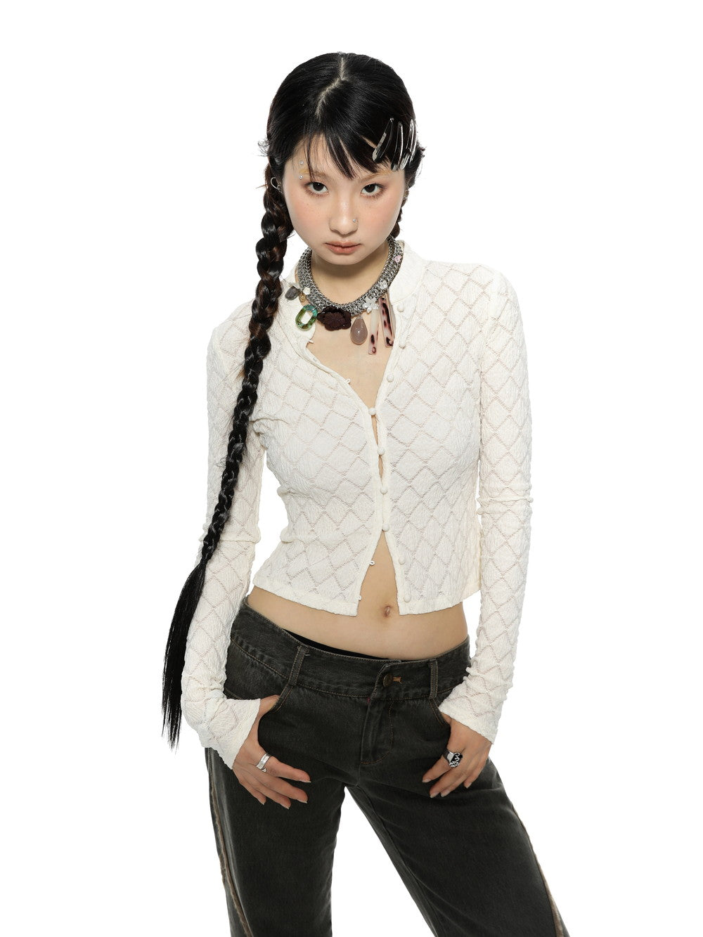 Mao-Collar Cropped Tight Thin Knit