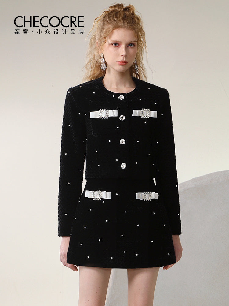 Jacket&Mini-Skirt Velvet Suit Ribbon Bijou Set-Up