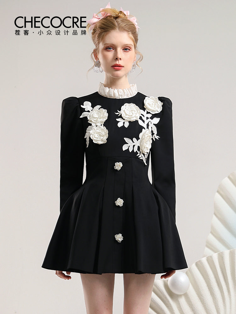 Stand-Collar Pleats Flower Rose 3D Classy One-Piece