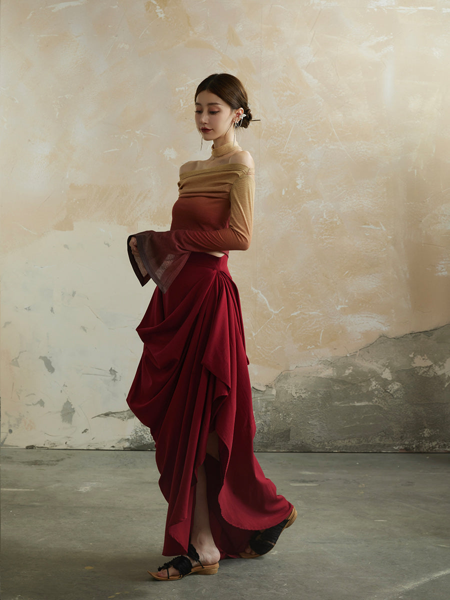Plain Asymmetry Drape Feminine Elegant Long-Skirt