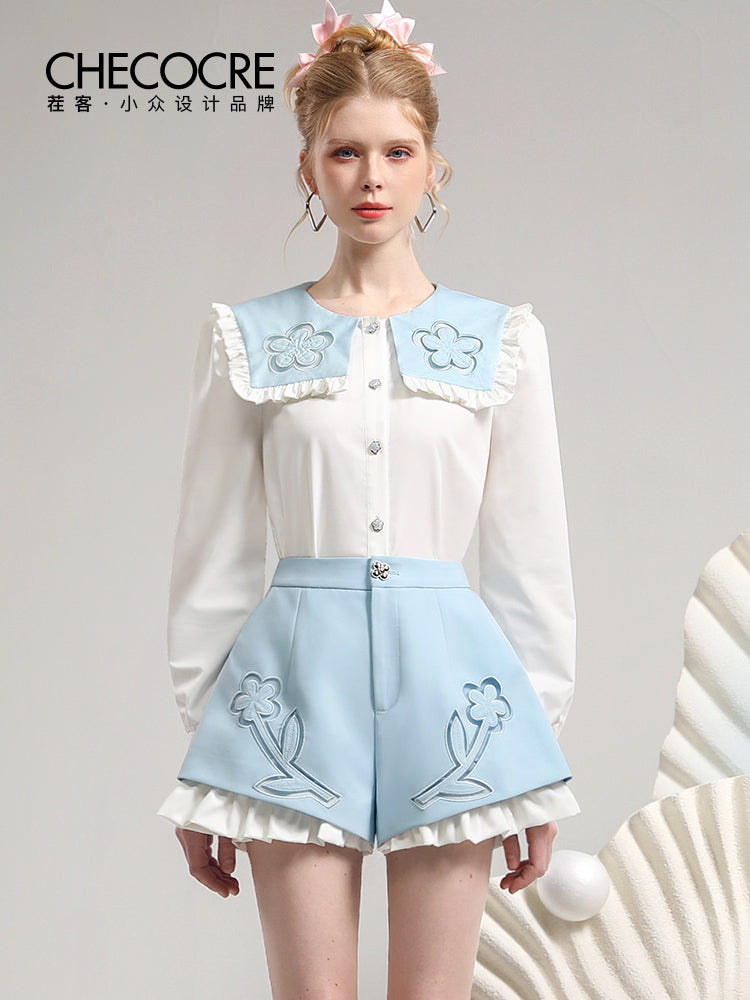 Set-Up Big-Collr Frill Flower Retro Cute Tops&Short-Pants