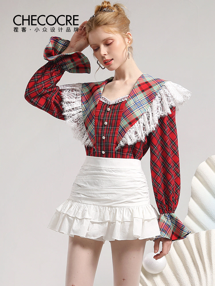 Nichi Checked Lace Big-Collar Retro Girly Blouse