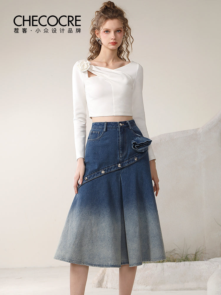 Set-Up rose Cut Nichi Gradation Denim Casual Cutsew&Long-Skirt