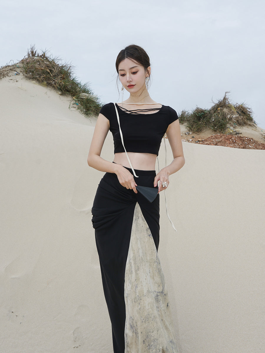 크롭트 비대칭 니치 타이트 컷트수트