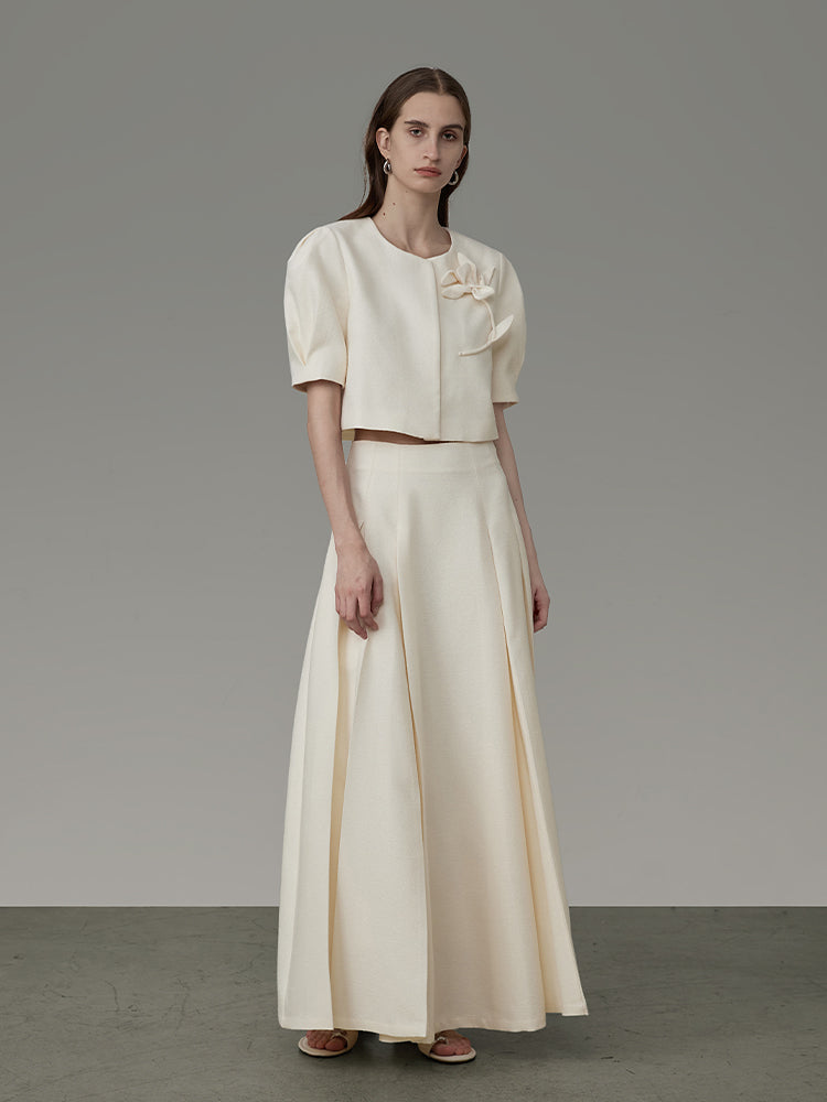 Flower Embroidery Puff-Sleeve Formal Blouse&Long-Skirt