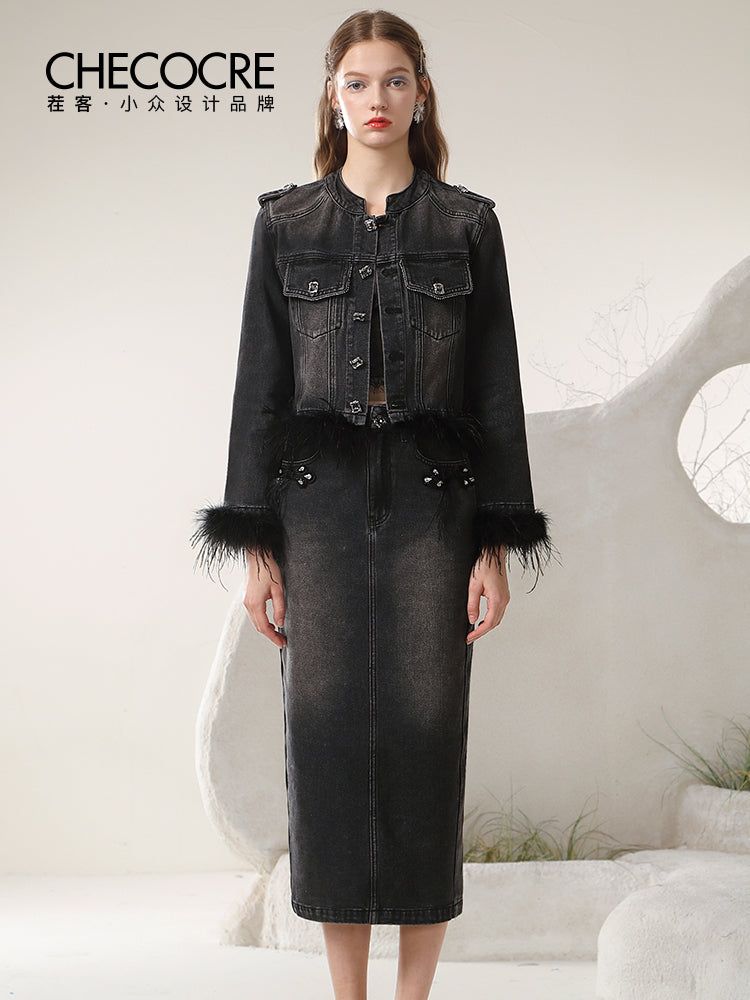 Denim Fue Chic Set-Up Casual Jacket&Long-Skirt