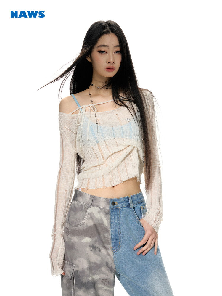 깎아 지른 저가 게이지 캐주얼 한 숄더 메쉬 니치 니트