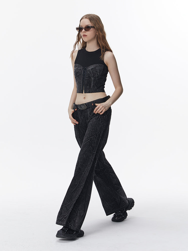 주름진 데님 캐주얼 넓은 바지