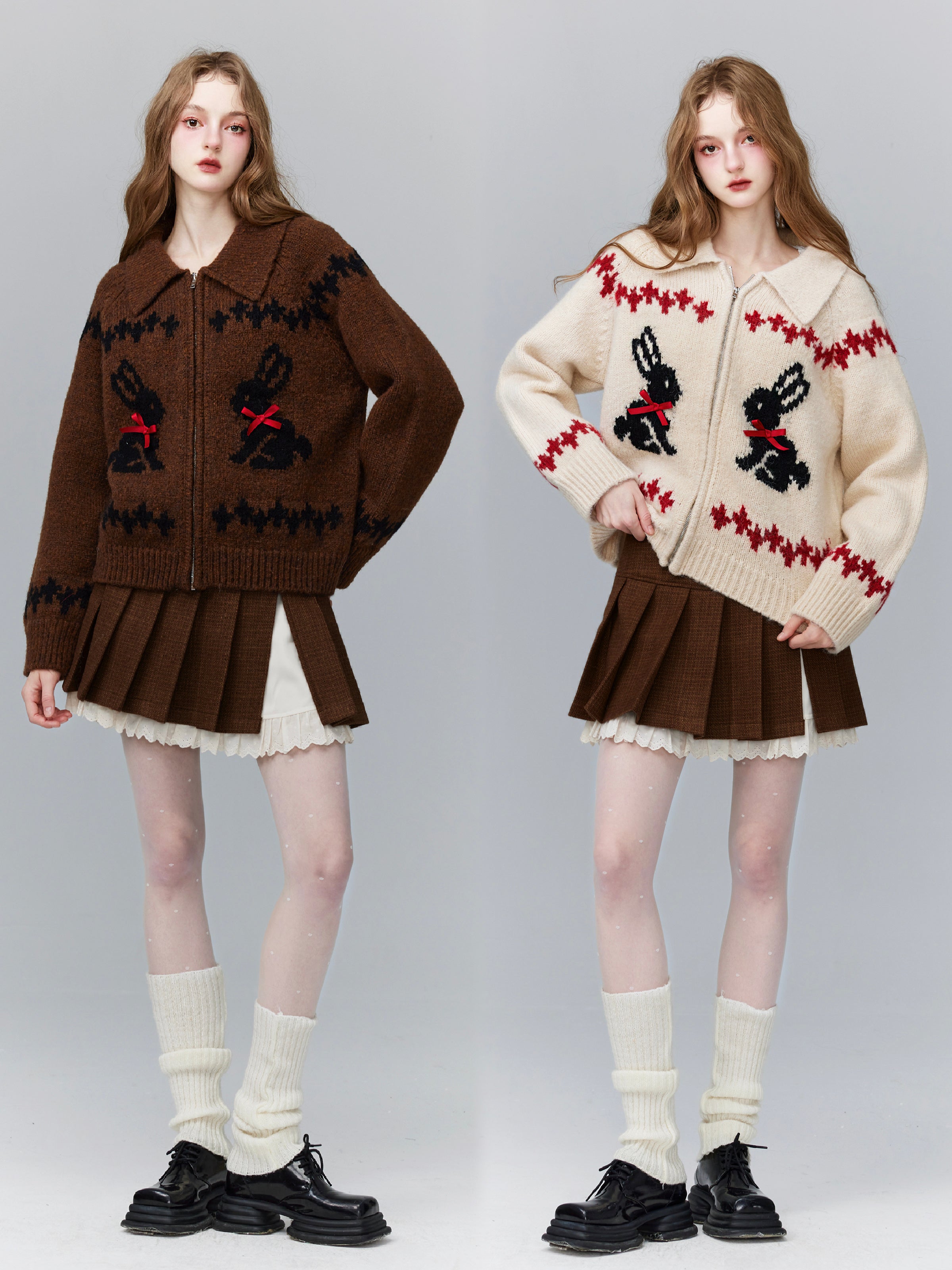 Rabbit Zip Retro Cute Embroidery Winter Knit