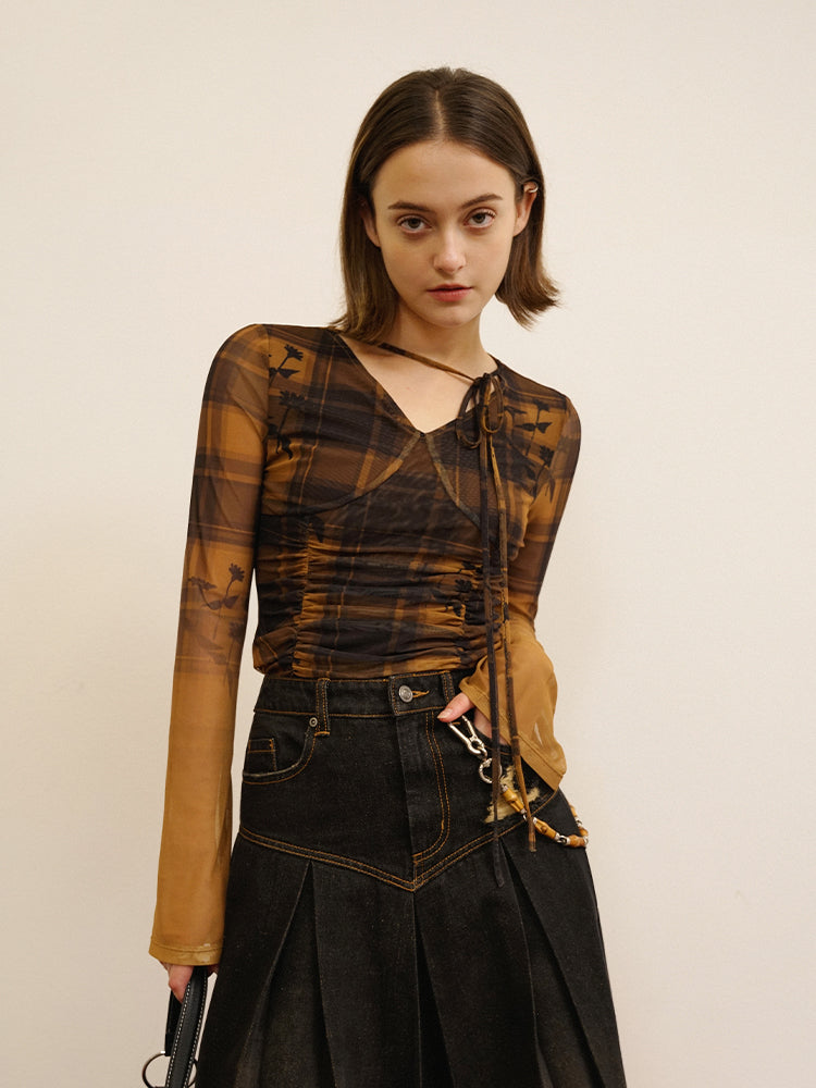 Gather Retro Checked Thin Girly Cutsew