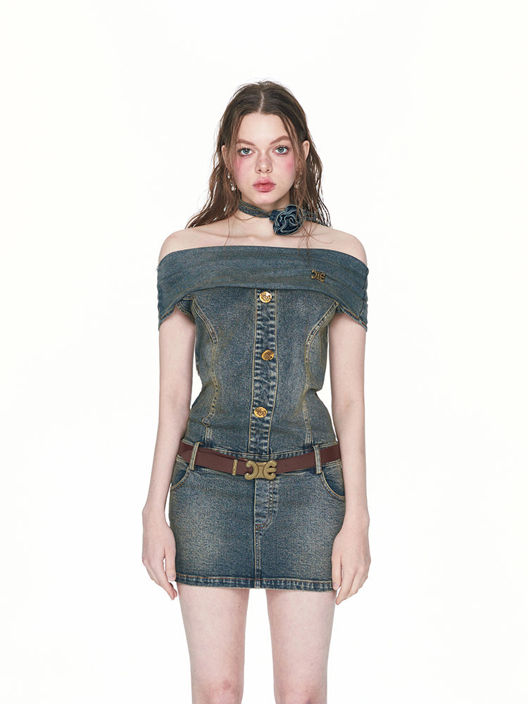 Denim Off-Shoulder Tight Mini-One-Piece