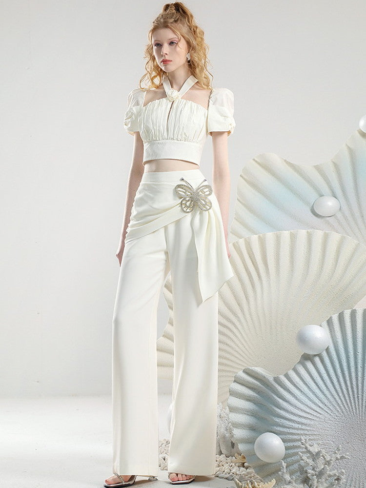 Halter-Neck Chic Suit Set-Up Ribbon Short- Tops&Wide-Pants