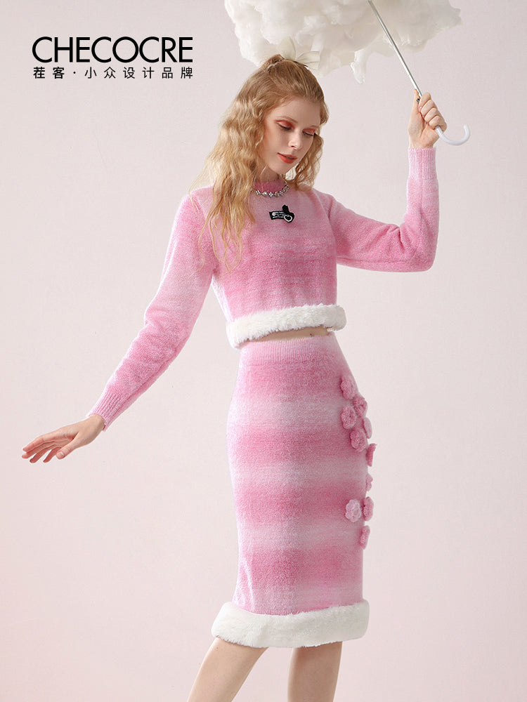 니트 여성 3D 꽃 귀여운 보아 셋업 탑 & 스커트