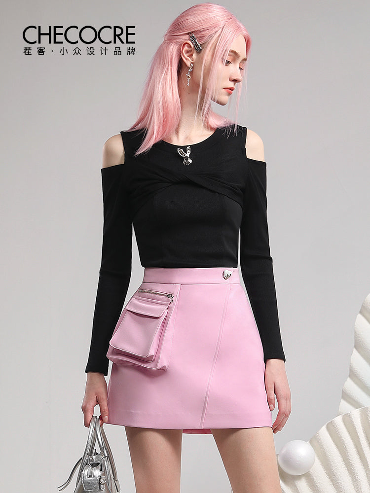 Set-Up Open-Shoulder Knit Pocket Casual Cutswe&Mini-Skirt