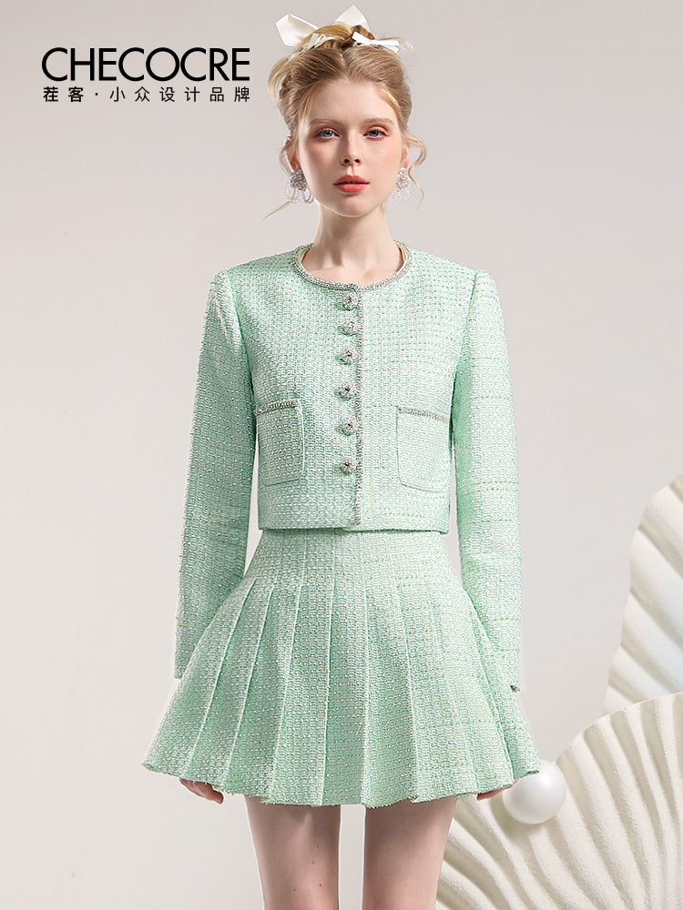 Jacket&Mini-Skirt Tweed Suit Pleats Classy Retro Set-Up