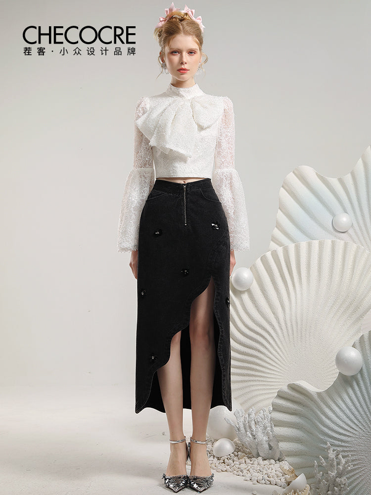 섹시한 웨이브 니치 비주 데님 비대칭 장거리 스커트