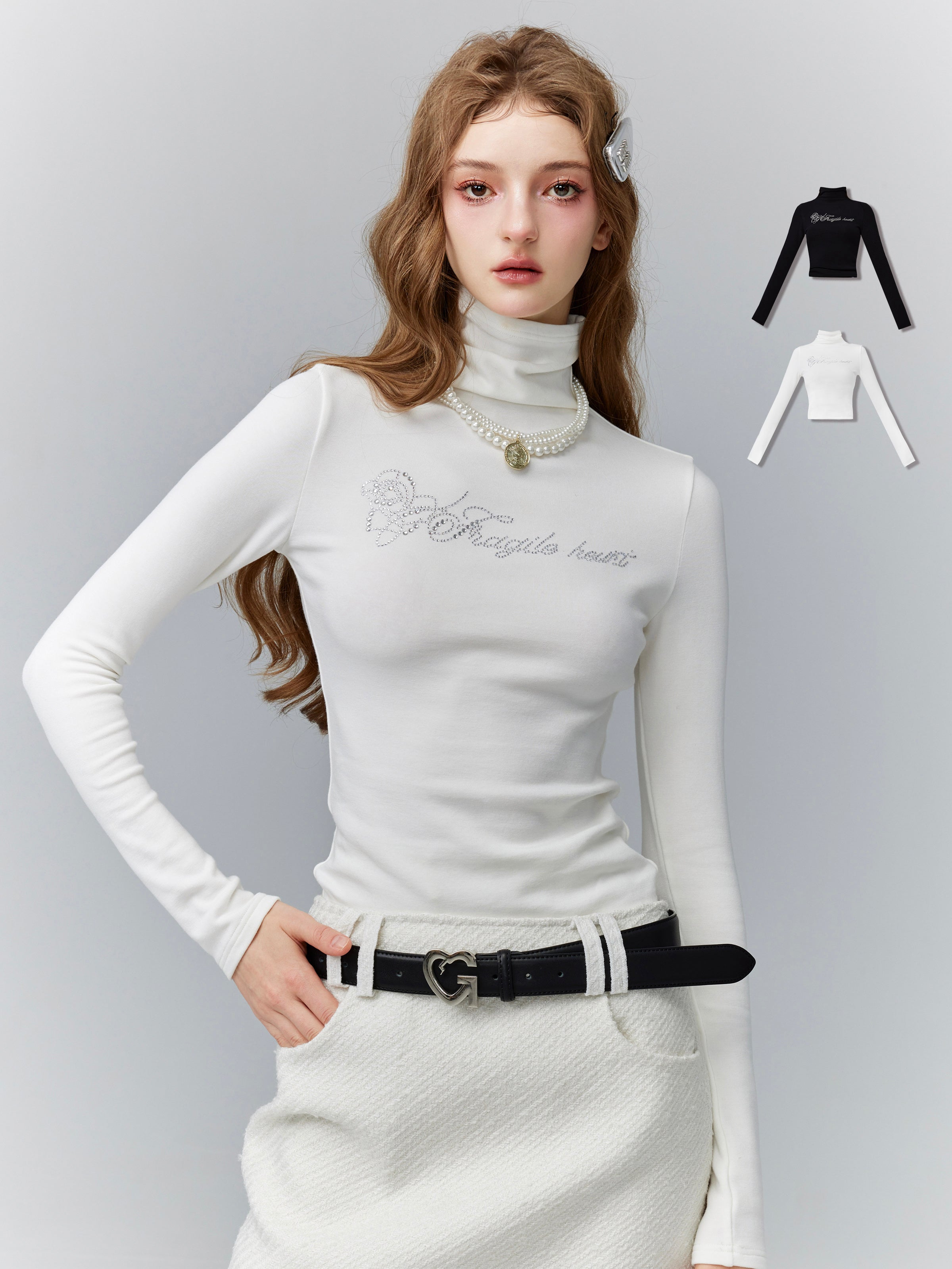 High-Neck Slim Tight Rhinestone Lettering Tops