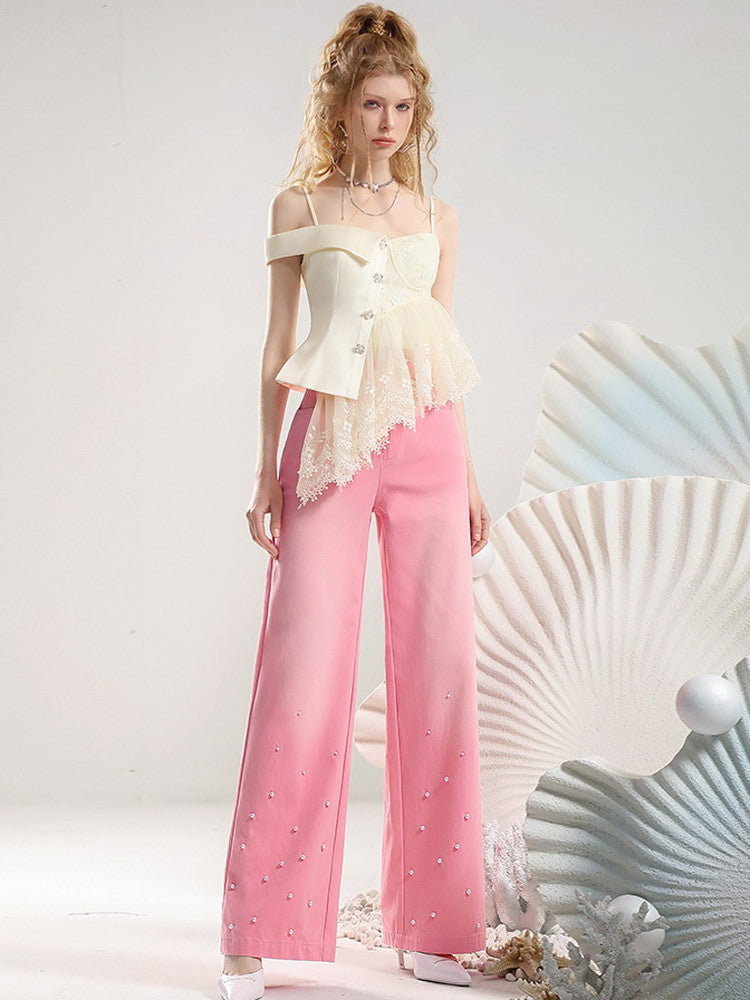 Lace Feminine Asymmetry Bijou Set-Up Camisole&Denim-Pants