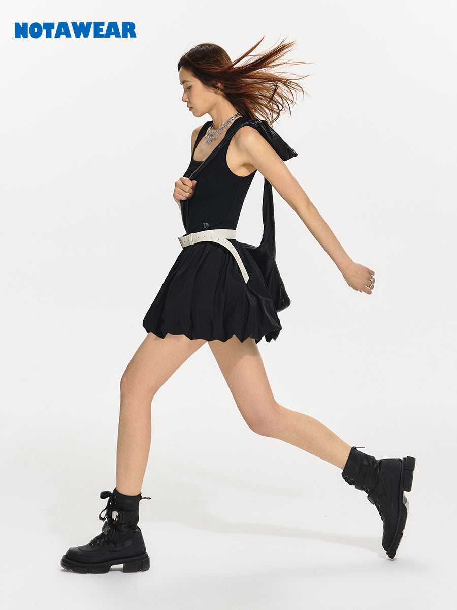 SQUARE-NECK FLUFFILY MINI SLEEVELESS ONE-PIECE