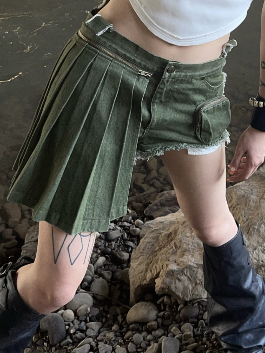 데님 비대칭 주름 캐주얼 짧은 바지