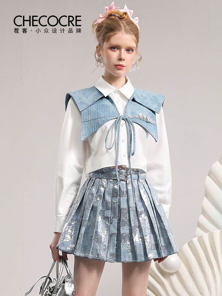 Tops & Mini-Skirt Sailor Metallic Unique Unique Denim Big-Colar College