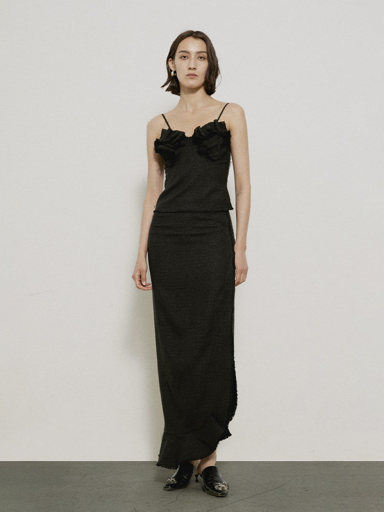 Plain Asymmetry Slit Long-Skirt