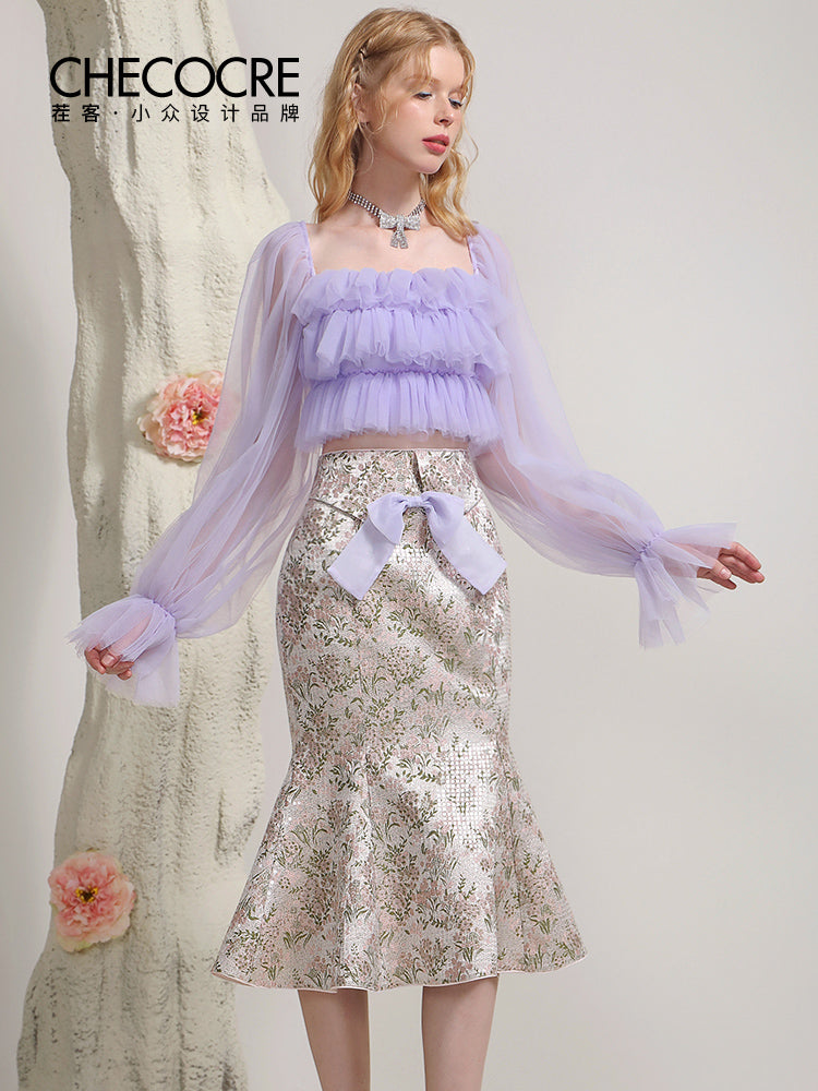 Tulle Frill Tiered Pale Candy-Sleeve Glossy Flower Tops&Mermaid-Skirt