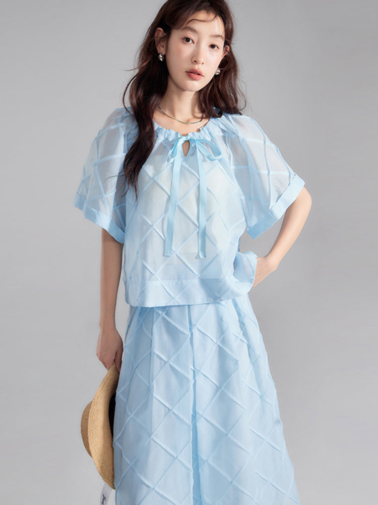 Refreshing Ribbon Checked Sheer Blouse & Flare-Slirt