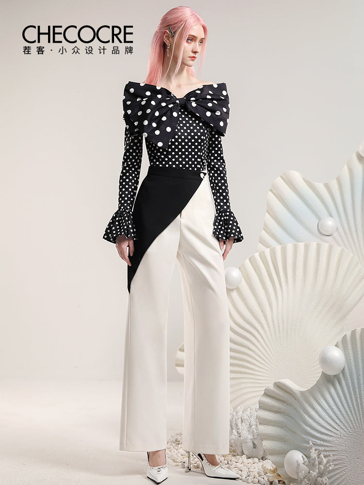 Set-Up Nichi Dot Big-Ribbon Asymmetry Wide Tops&Pants