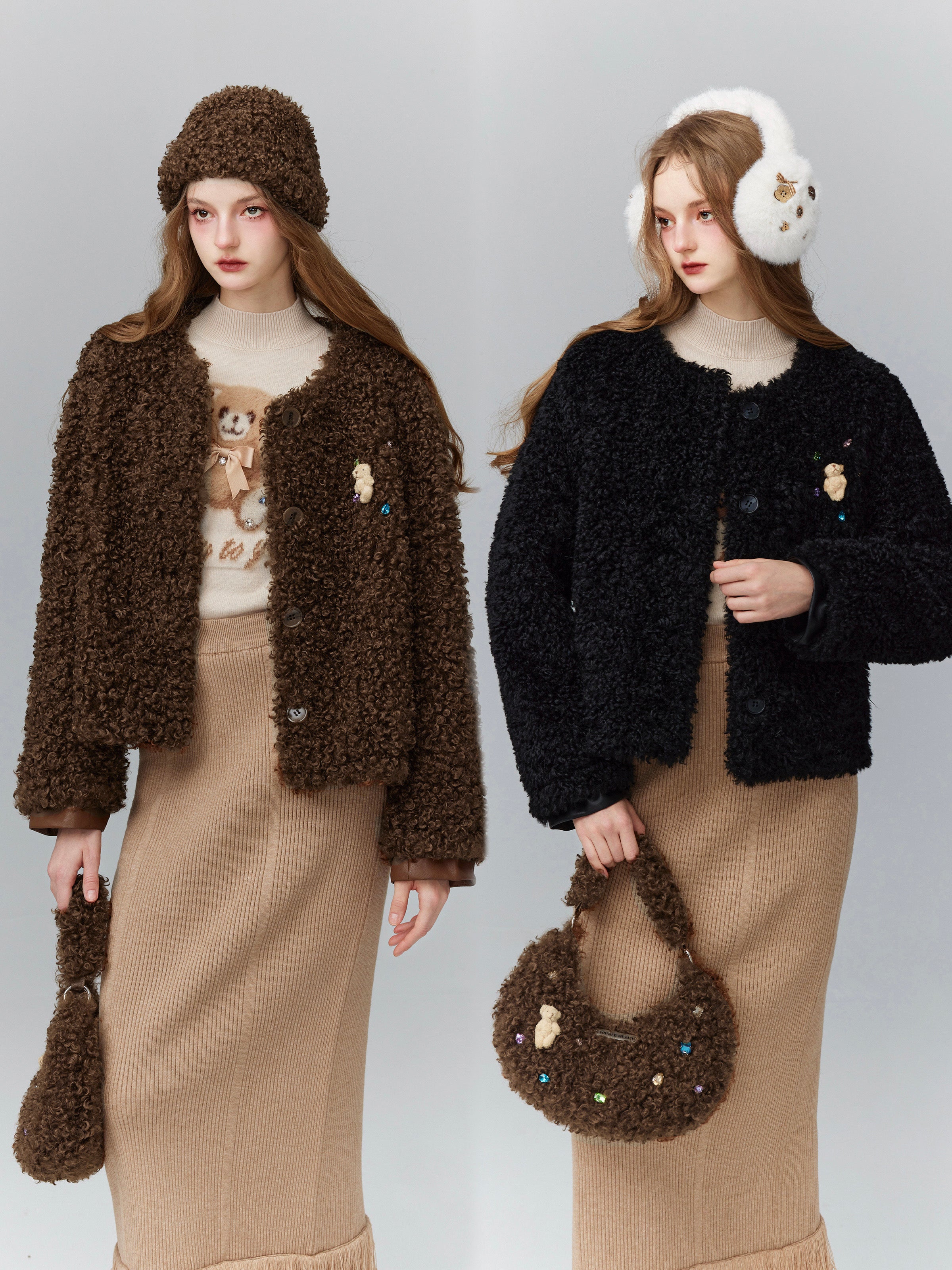 Short Fluffily Retro Cute Bijou Rhinestone Bear Mascot Boa-Jacket