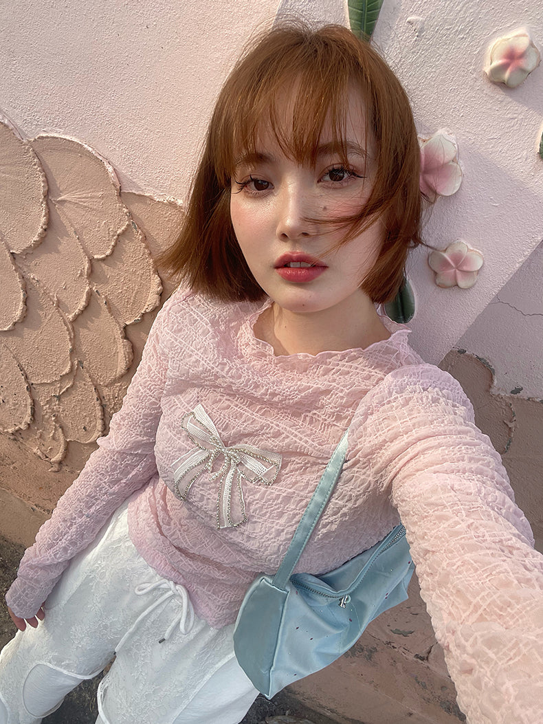 레이스 리본 주름진 여성스러운 얇은 진주 컷팅