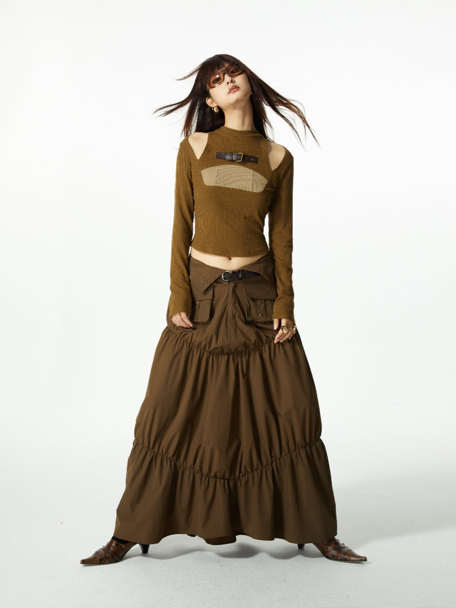 Gather Tiered Flare Plain Nichi Wrap-Waist Long-Skirt