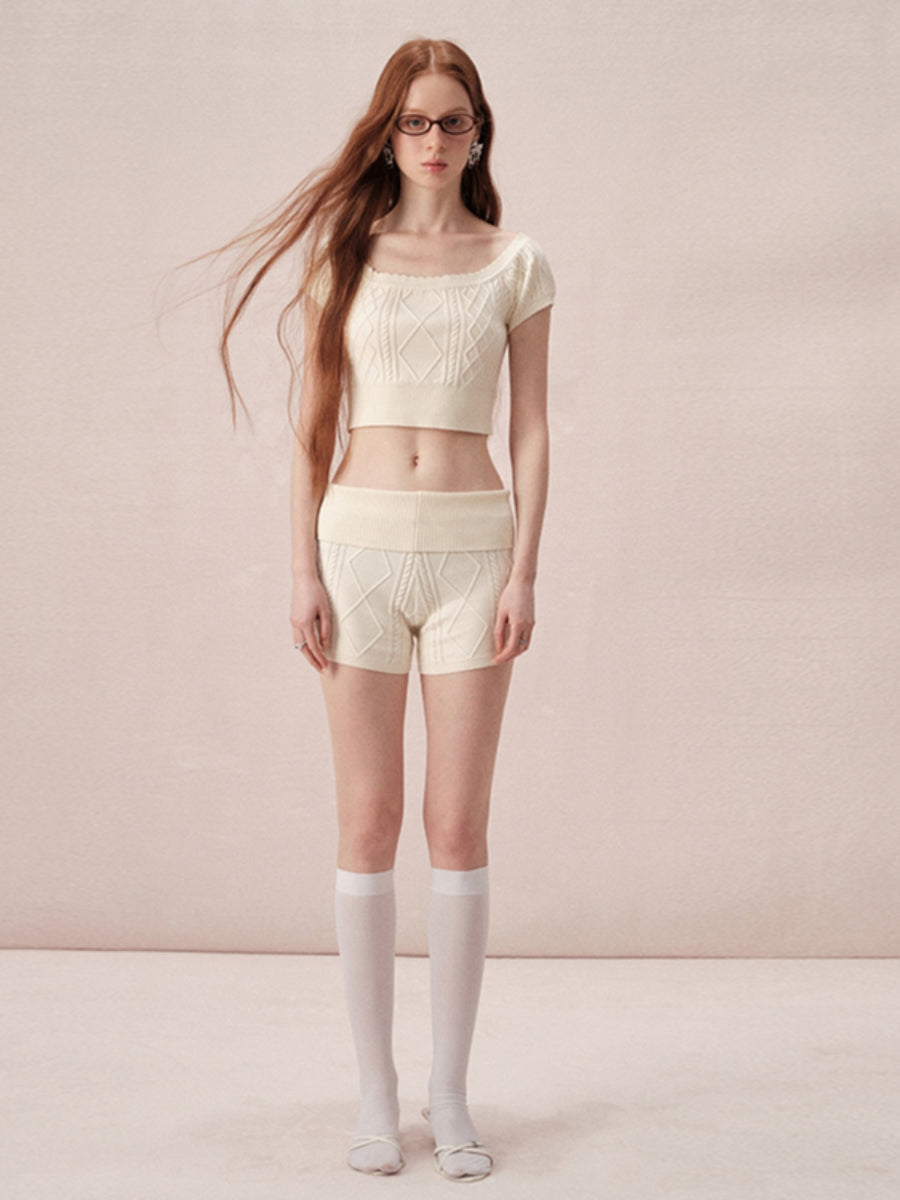 Cable-Knit Off-Shoulder Casual Relax Set-Up Tops&Short-Pants