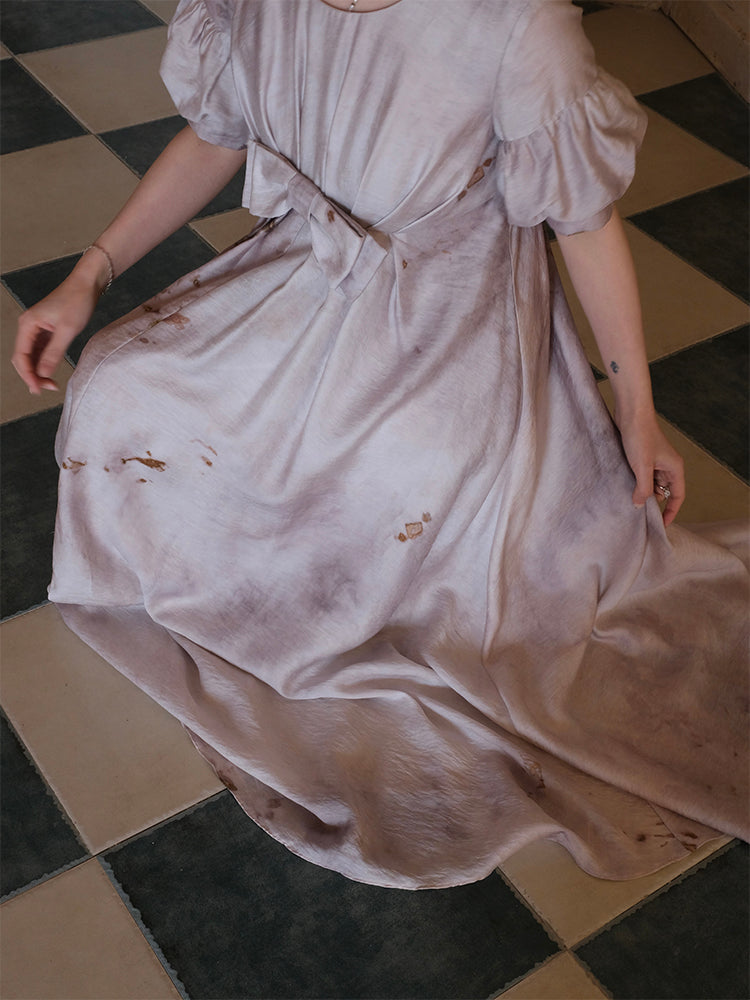 세련된 퍼프 슬리브 리본 플레어 원피스