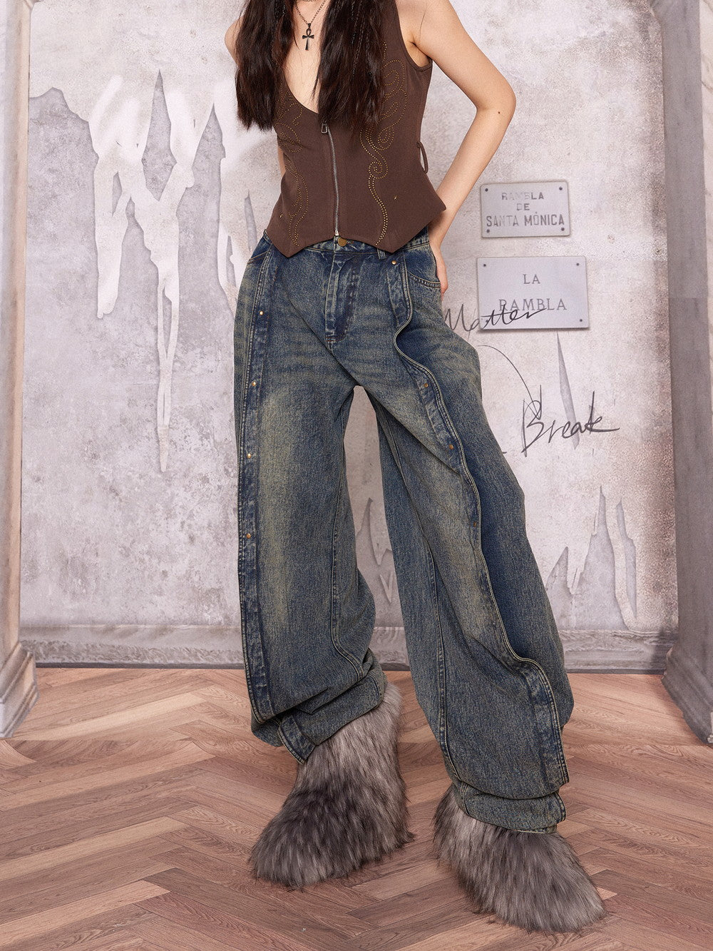 Deneim Wave Nichi Loose Handsome Wide-Pants