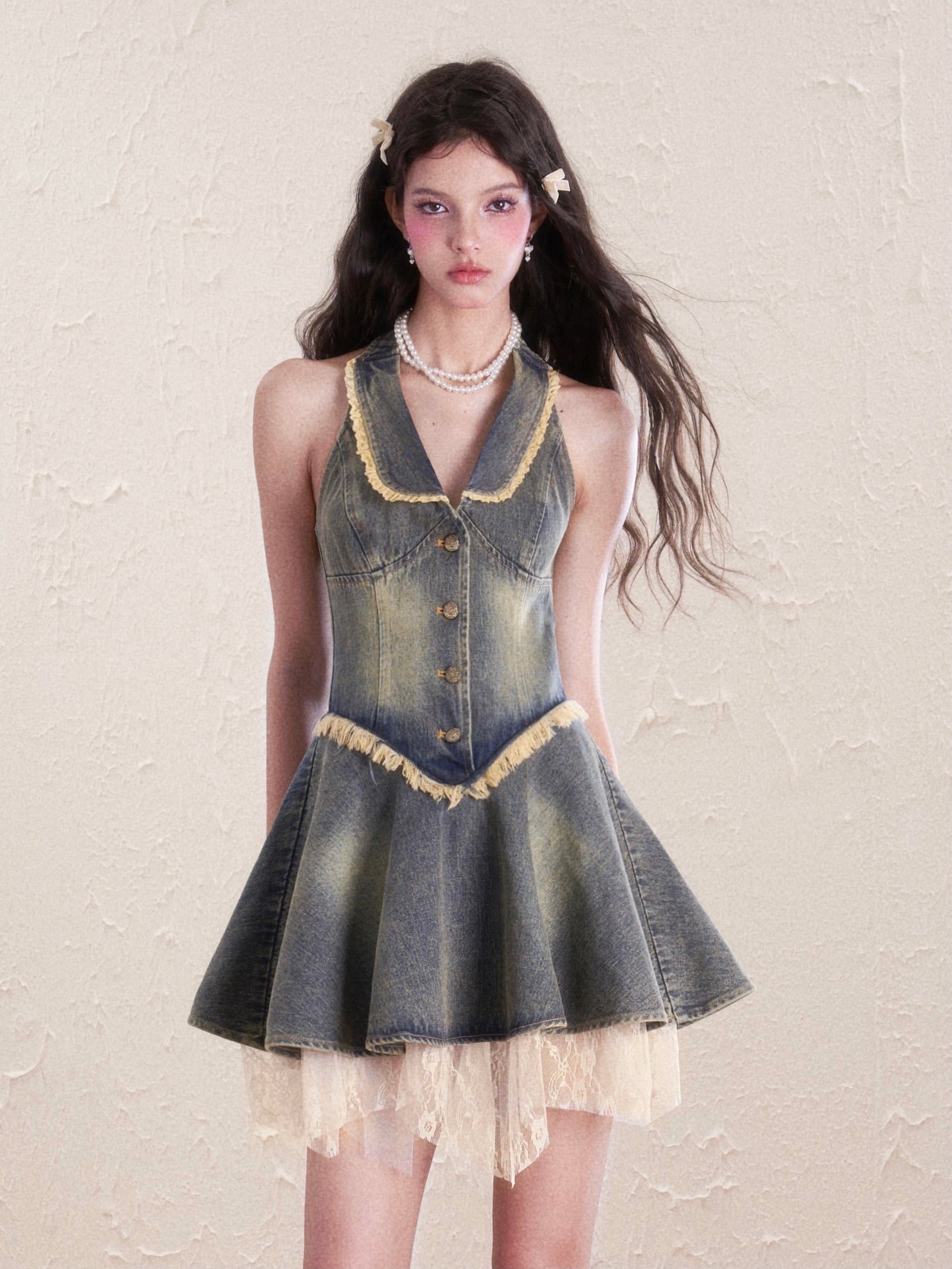 Demin Lace Tassel Flare 원피스