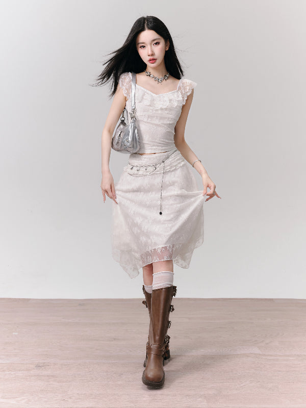 Set-Up Off-Shoudler Lace Feminine Flower Feminine Tops&Skirt