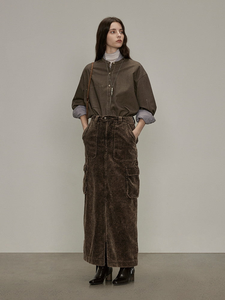 Side-Pocket Corduroy Plain Thick Casual Slit Long-Skirt
