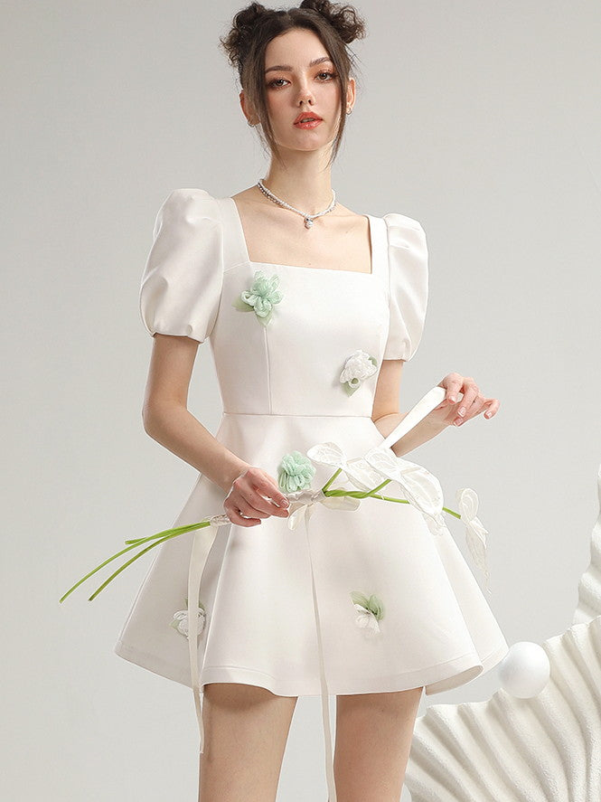 Square-Neck Cute Puff-Sleeve Short Flare Flower One-Pieec  ARCANA ARCHIVE