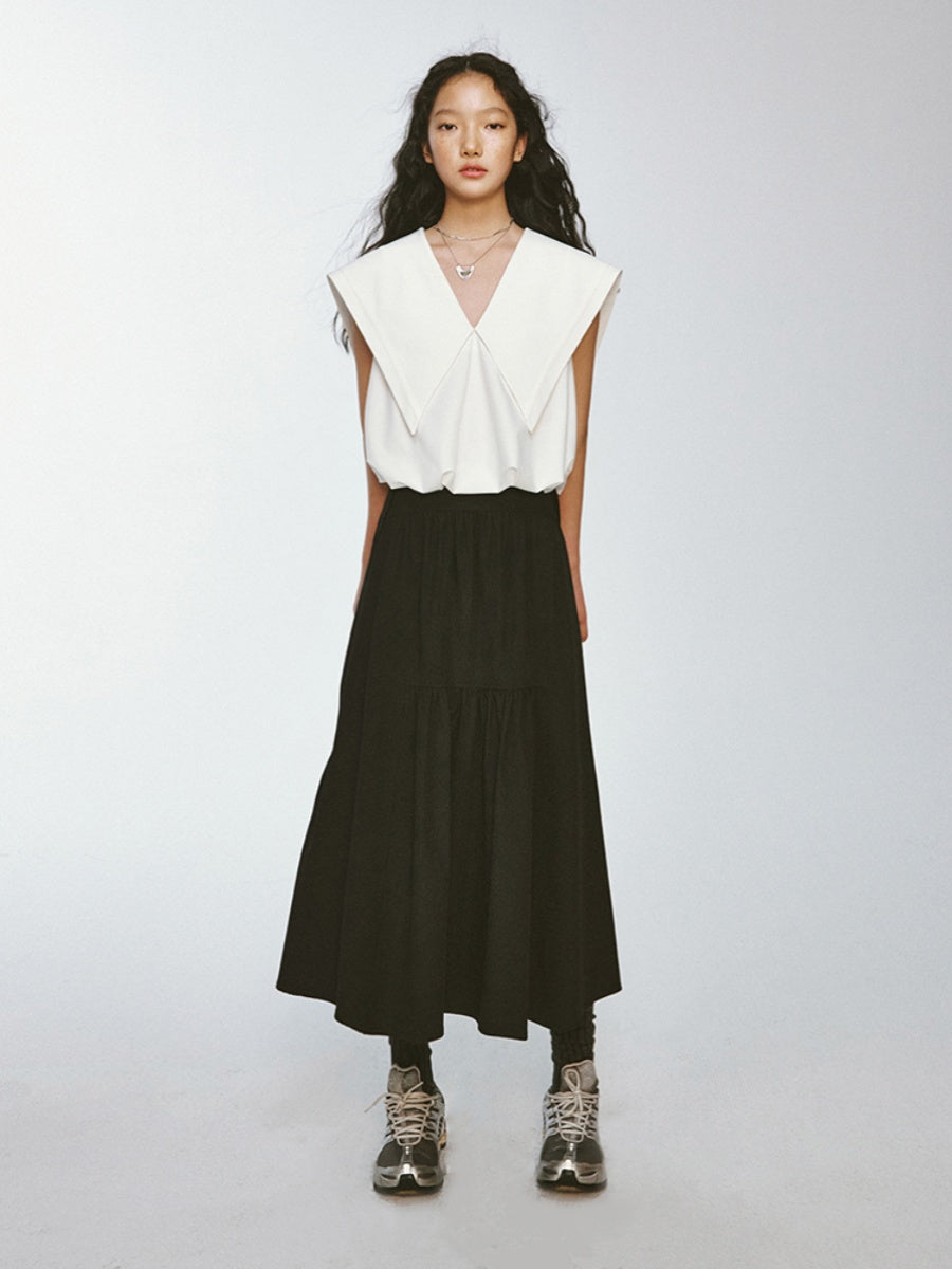 Sailor-Collar Big-Collar V-Neck Lno-Sleeve Chic Tops