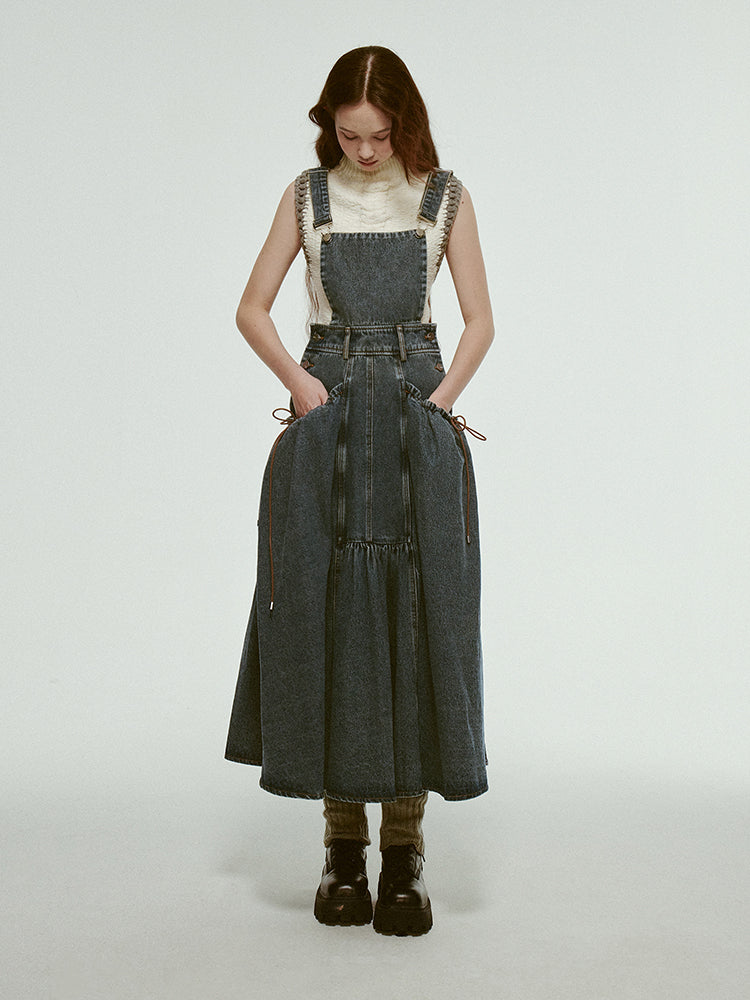 Retro Gather Denim Ribbon Casual Long One-Piece