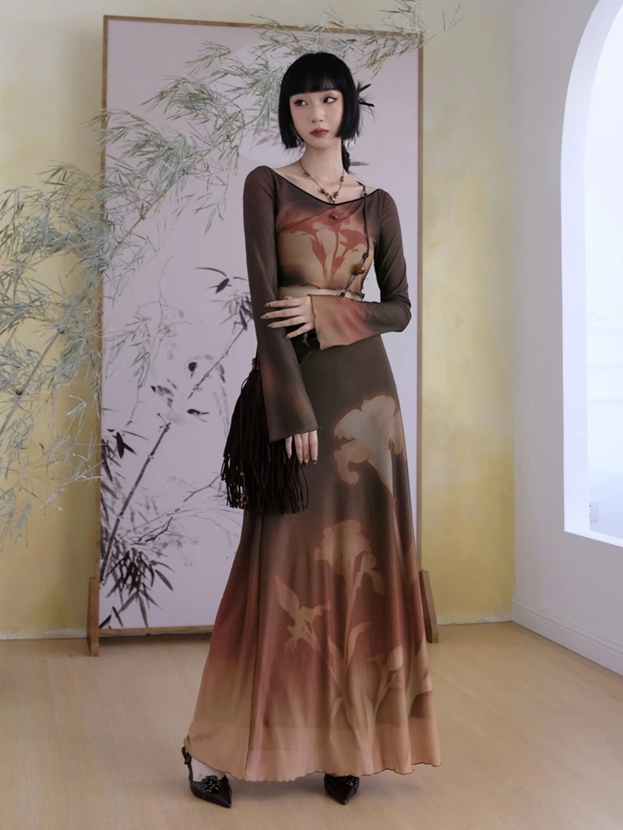 Mellow Gradation Short Nichi Flare-Sleeve Flower Cutsew&Long-Skirt