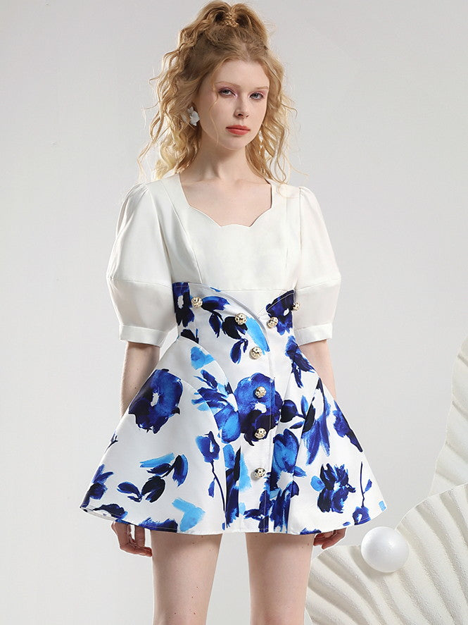 2Type Set-Up Puff-Sleeve High-Waist Flower Chic Tops&Skirt