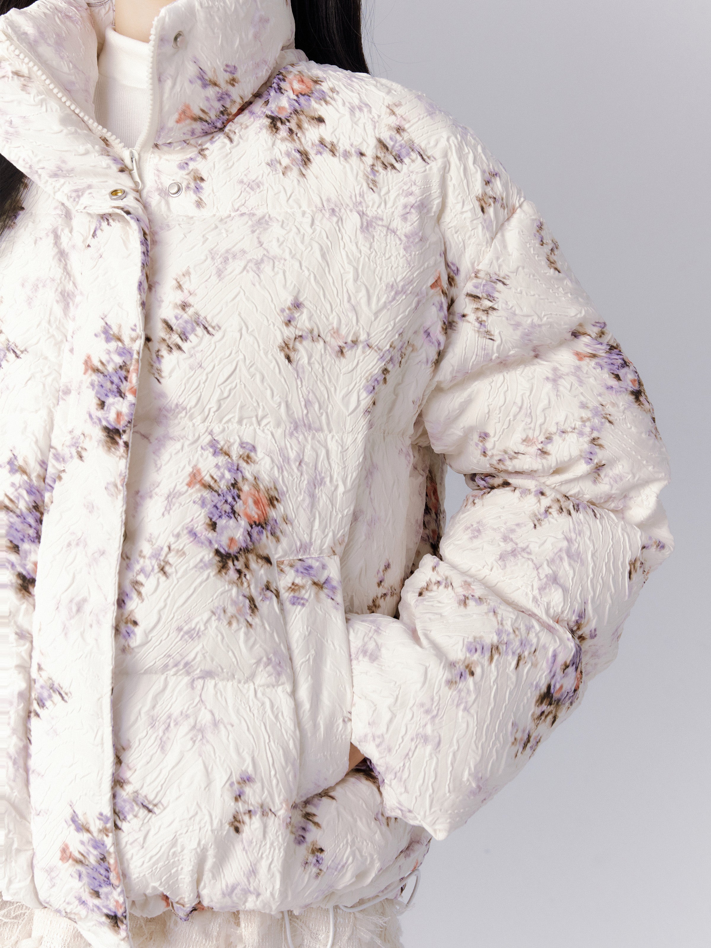 Flower Stand-Collar Cotton Pleats Embroidery Down-Jacket&Mini-Skirt