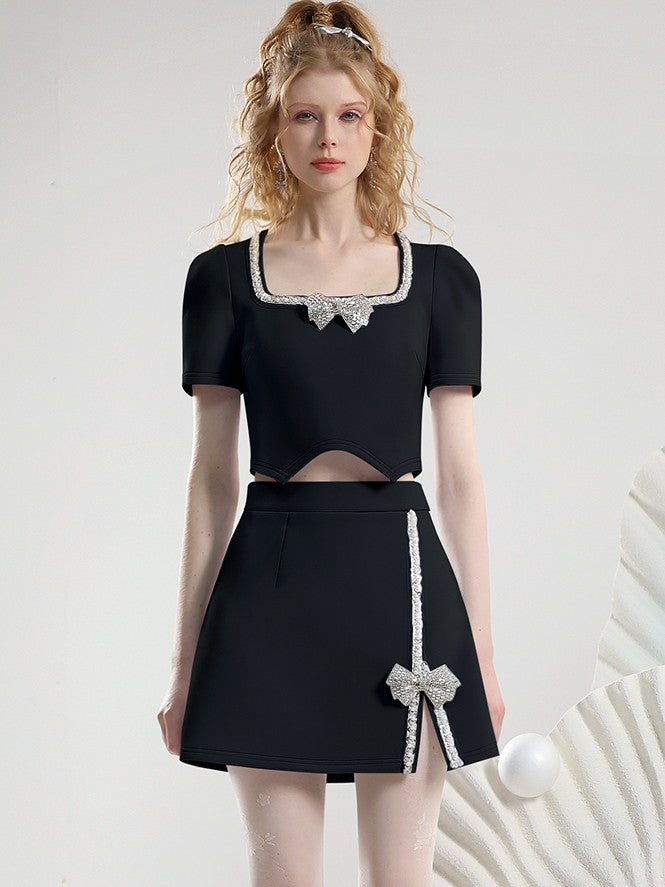 Set-Up Bijou Ribbon Elegant Bi-Color Short-Tops&Mini-Skirt