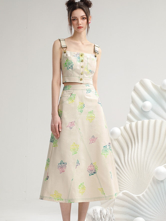Set-Up Rose Gradation Rainbow Retro Casual Tops&Long-Skirt