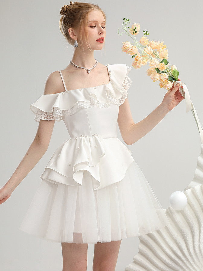 Lace Asymmetry One-Shoulder Tulle Frill One-Piece