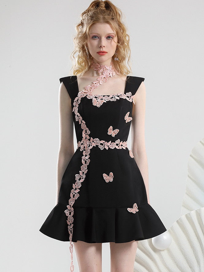 Lace Butterfly Feminine Asymmetry Tiered Short One-Pieec