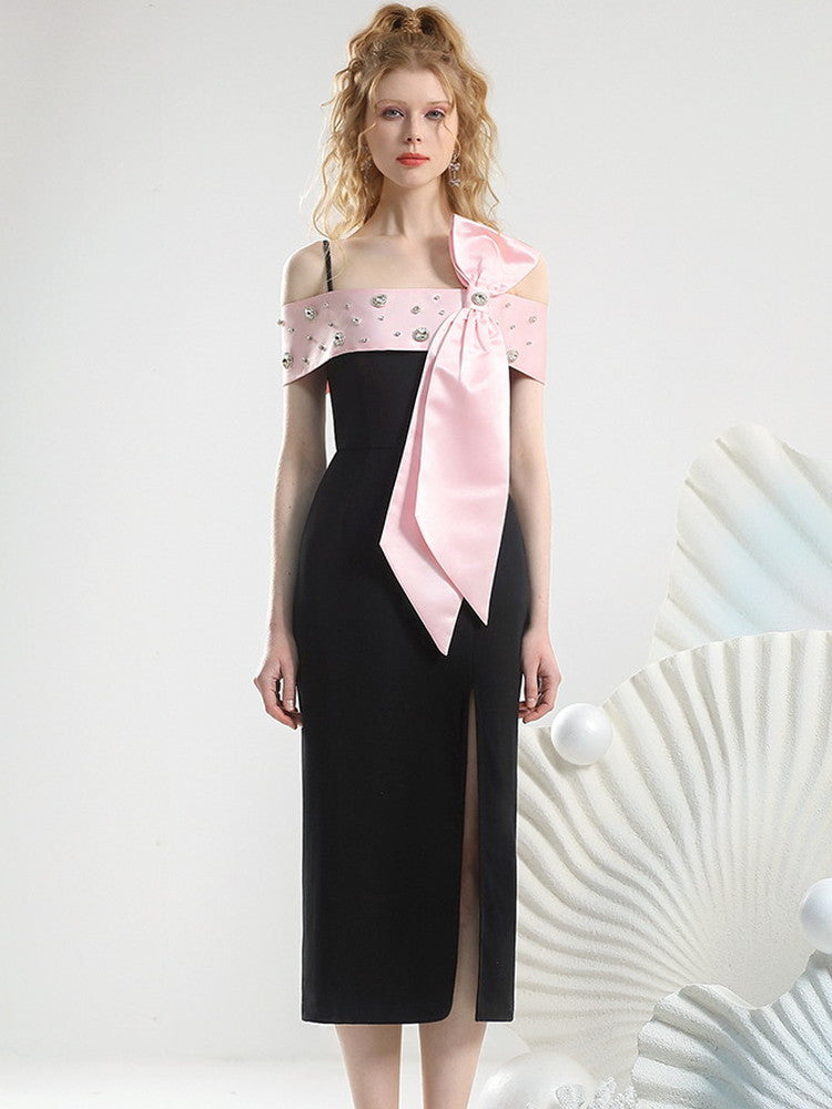 Deep-Slit Bi-Color Long Ribbon Camisole Bijou One-Piece